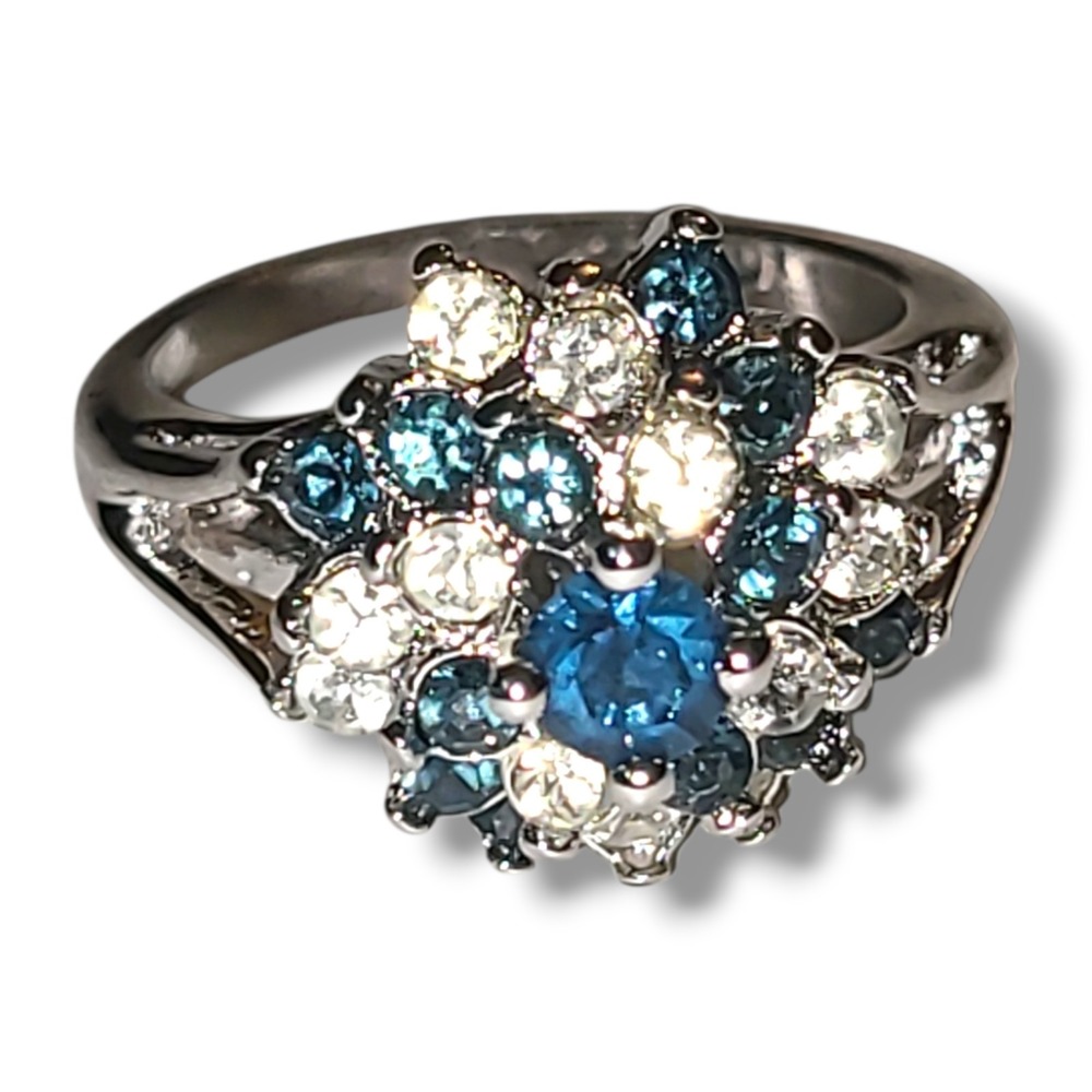 Vintage 18K HGE Blue Clear CZ‎ Cluster Cocktail Ring White Gold Plate Sz 5